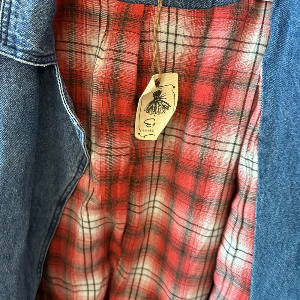 easel Blue Distressed Denim Jacket with Red Plaid Lining - Picture 6 of 7